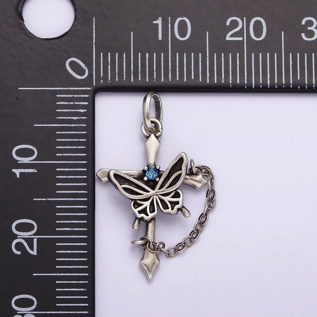 S925 Sterling Silver Blue CZ Butterfly Passion Cross Chain Link Charm | SL-331 - DLUXCA