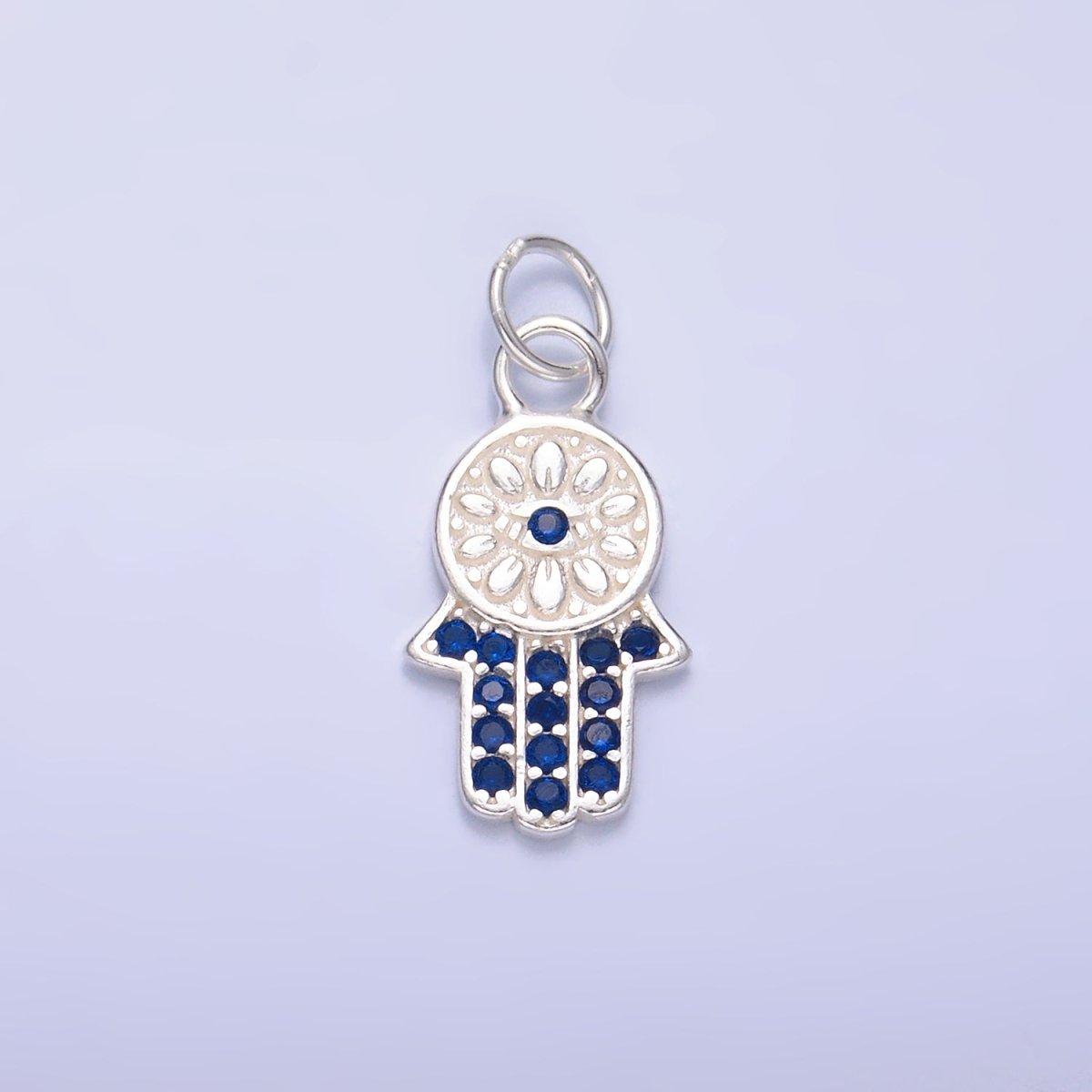 S925 Sterling Silver Blue Micro Paved CZ Hamsa Hand Charm | SL - 564 - DLUXCA