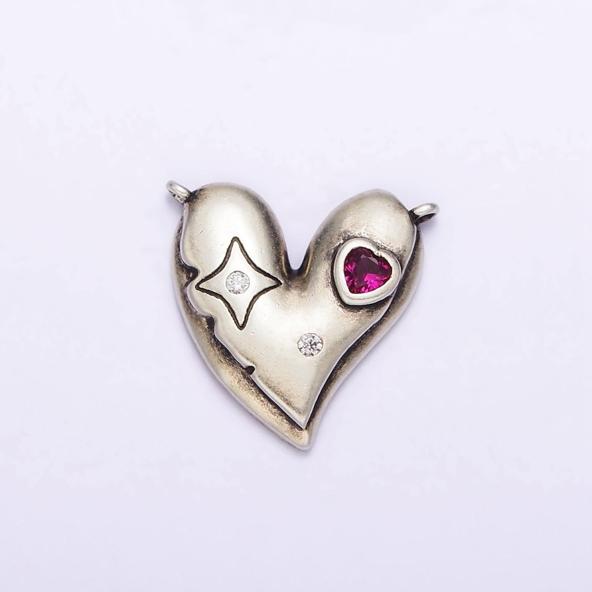 S925 Sterling Silver Fuchsia CZ Celestial Star Heart Connector | SL-301 - DLUXCA