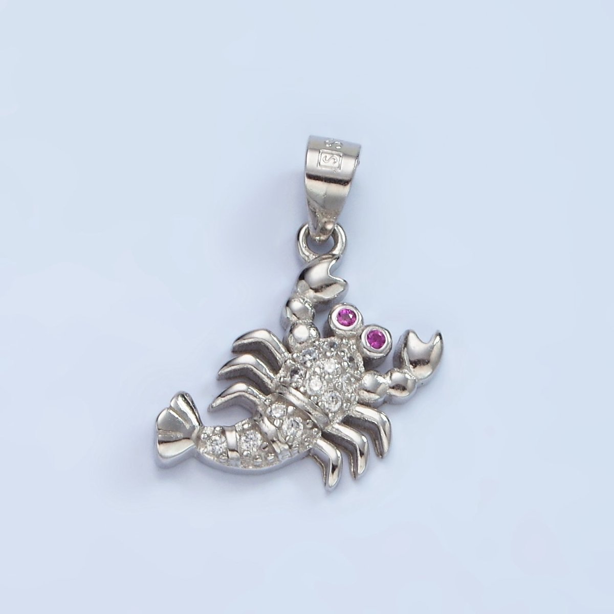 S925 Sterling Silver Fuchsia-Eyed Micro Paved CZ Lobster Animal Pendant | SL-463 - DLUXCA