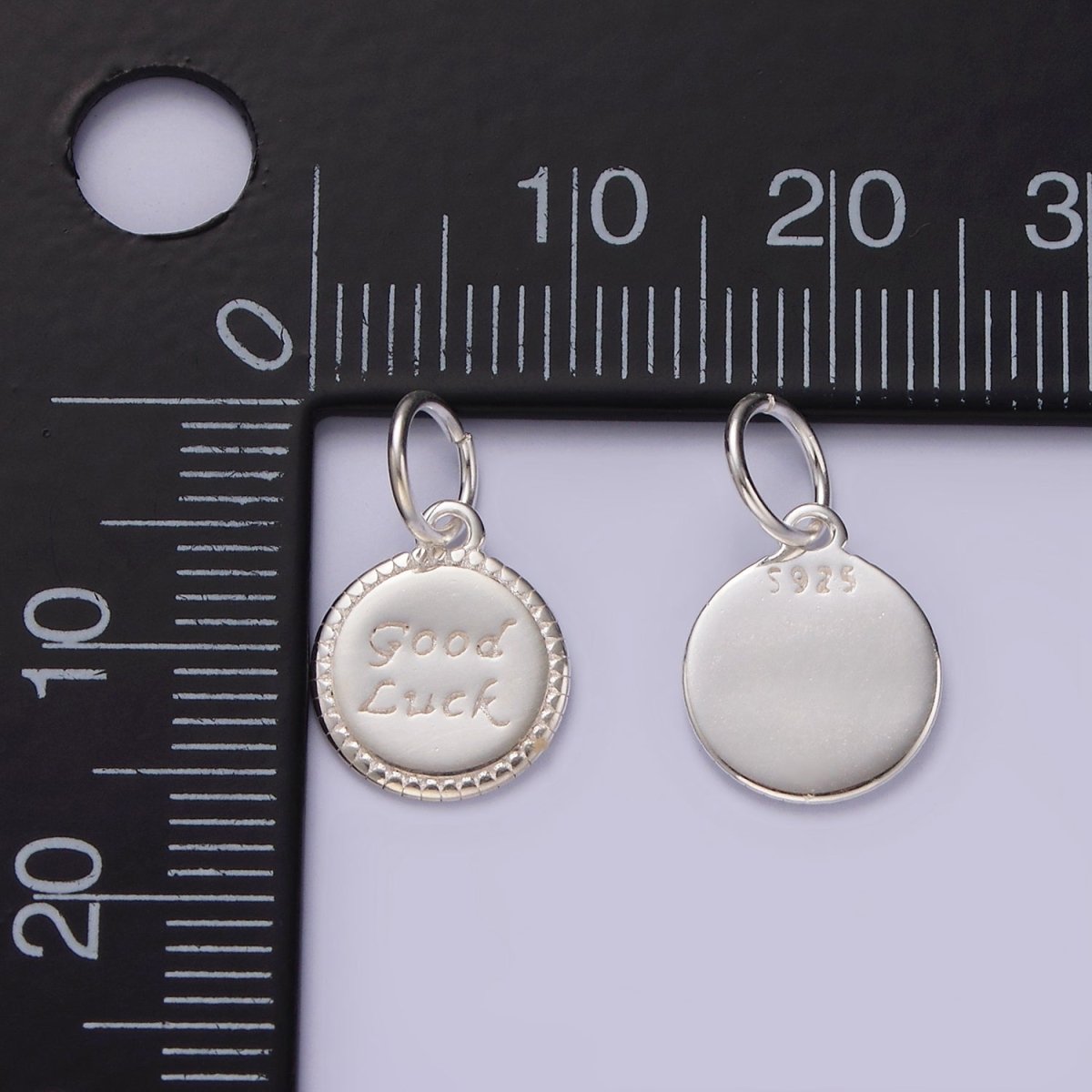 S925 Sterling Silver "Good Luck" Script Engraved Round Charm | SL-434 - DLUXCA