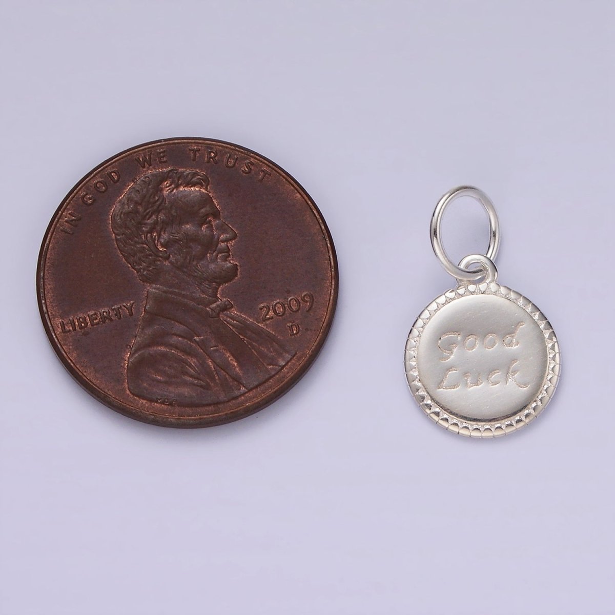 S925 Sterling Silver "Good Luck" Script Engraved Round Charm | SL-434 - DLUXCA