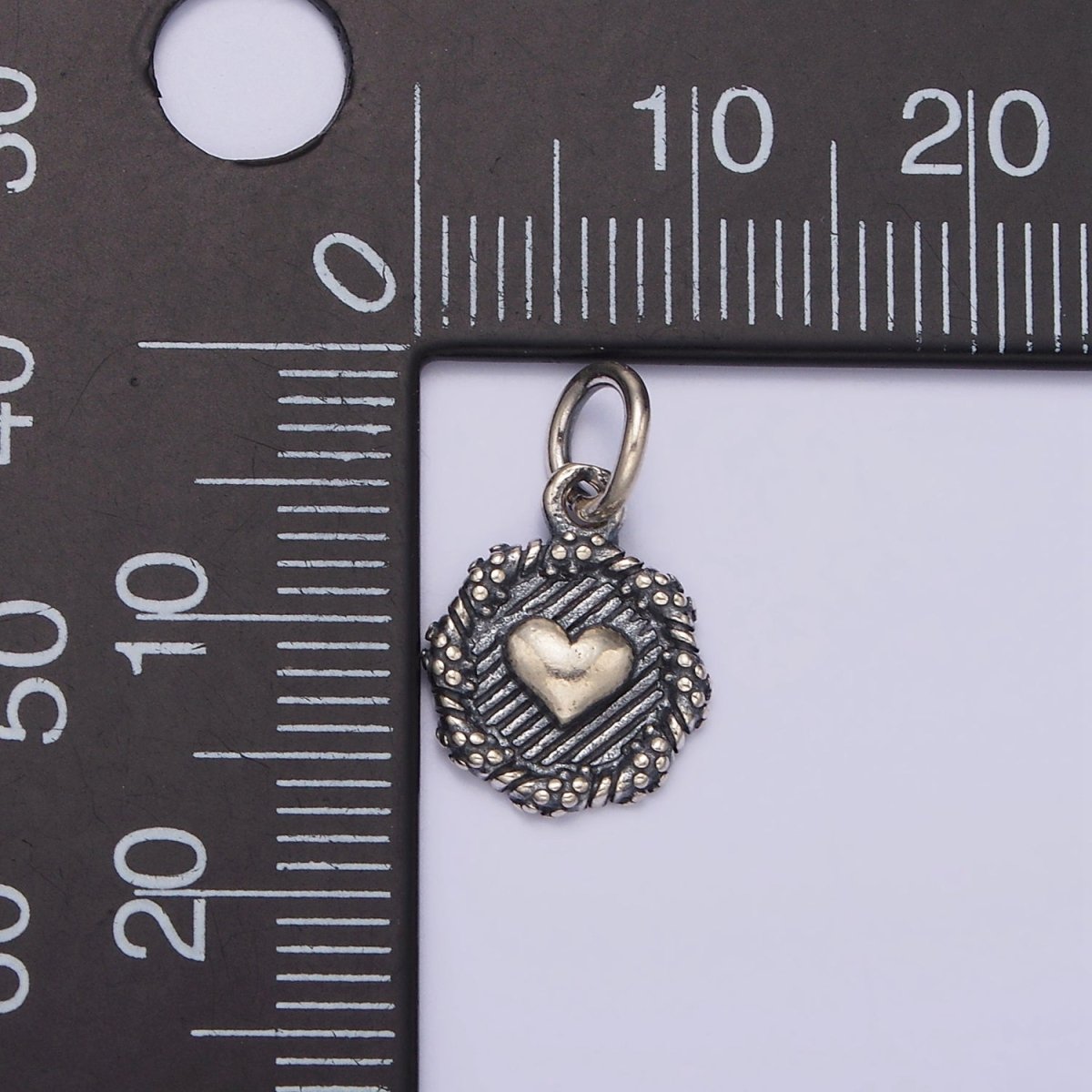 S925 Sterling Silver Heart Line-Textured Dot Braided Round Stamped Charm | SL-356 - DLUXCA