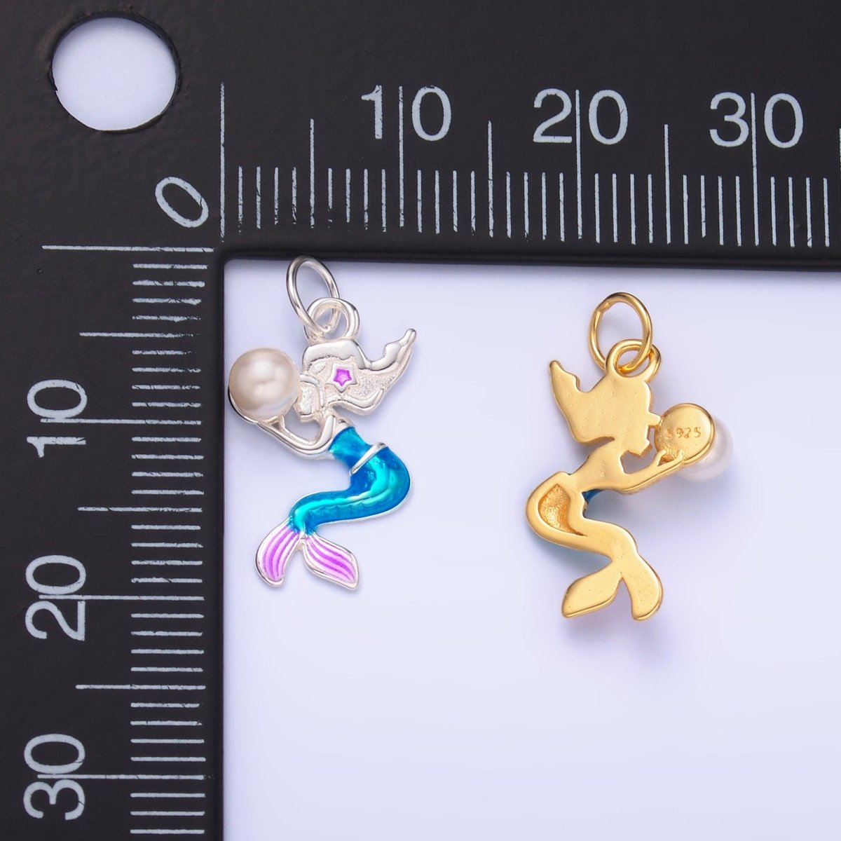 S925 Sterling Silver Mermaid Pearl CZ Enamel Charm in Gold & Silver | SL-626 SL-625