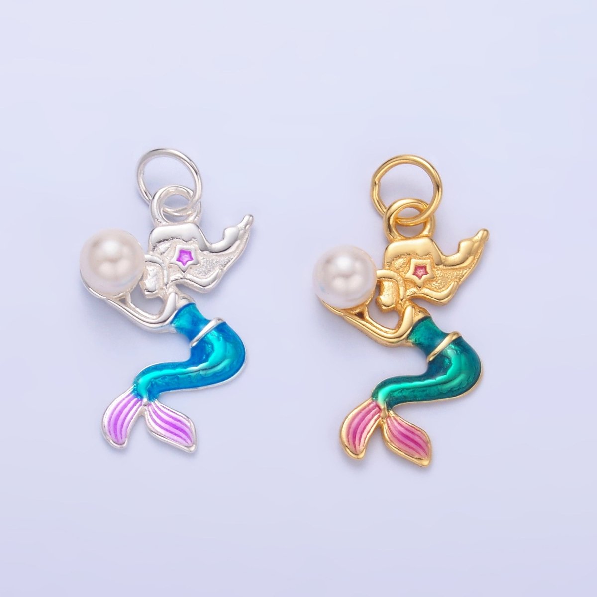 S925 Sterling Silver Mermaid Pearl CZ Enamel Charm in Gold & Silver | SL-626 SL-625