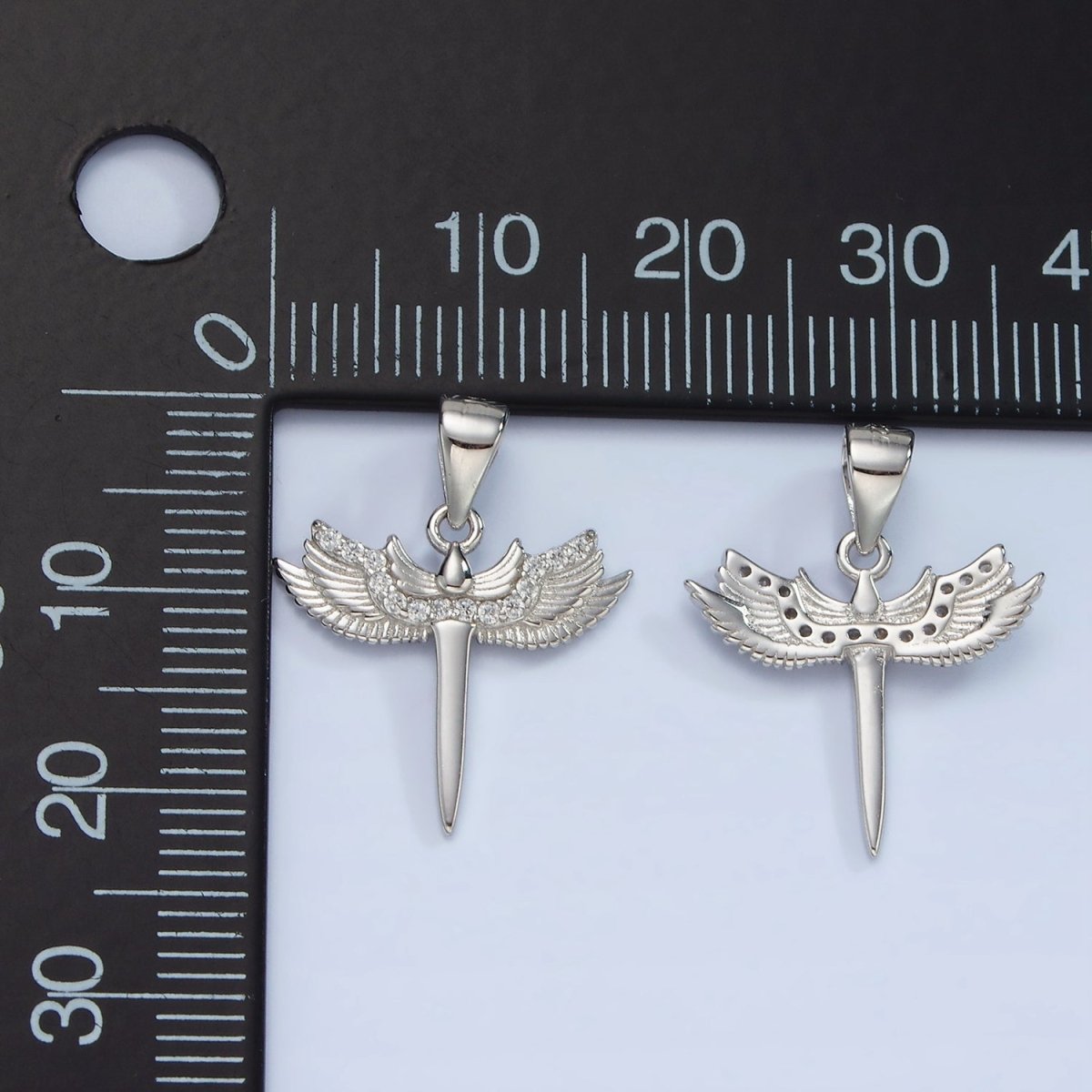 S925 Sterling Silver Micro Paved CZ Feather Wings Sword Pendant | SL-461 - DLUXCA