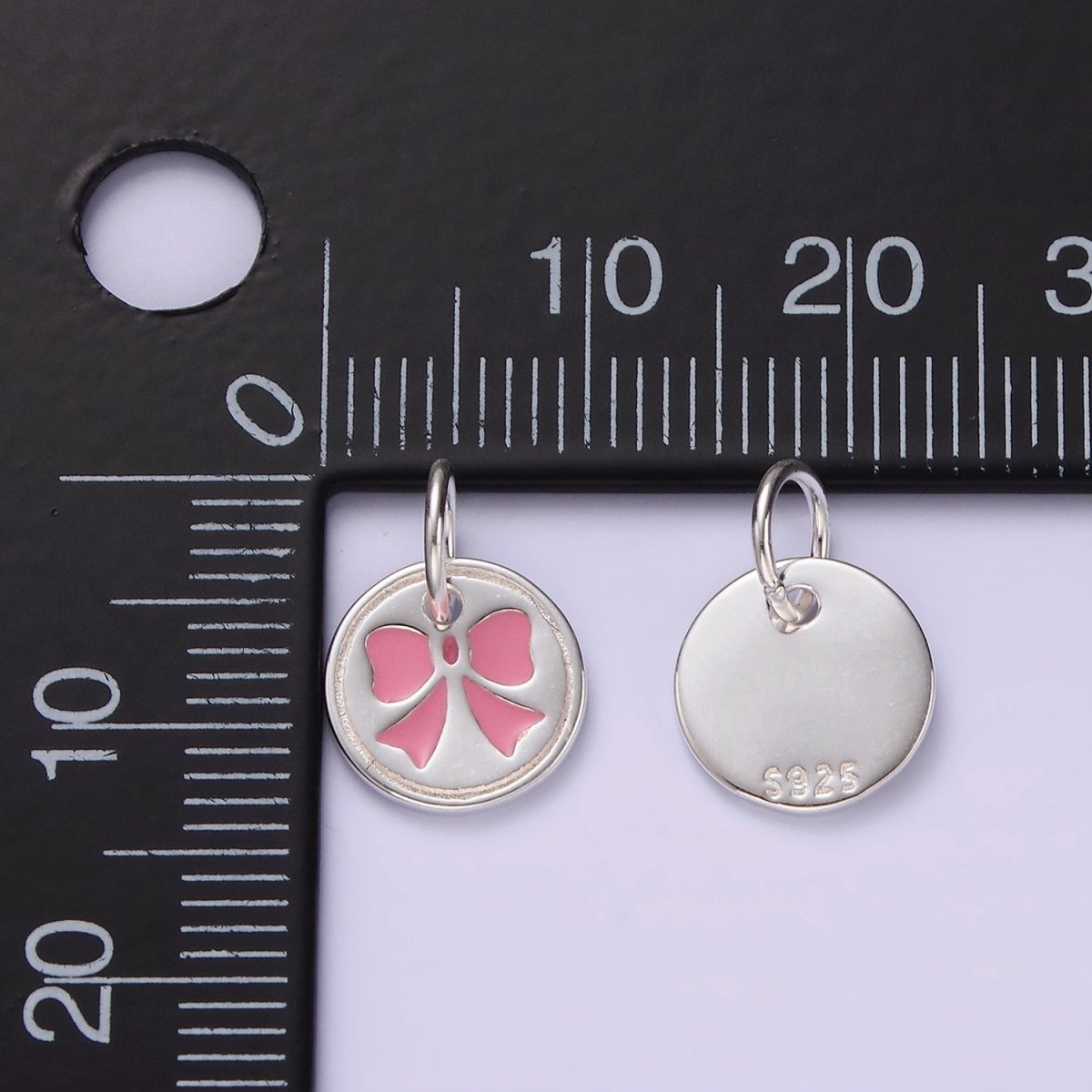 S925 Sterling Silver Pink Bow Ribbon Enamel Mini Round Charm | SL-433 - DLUXCA