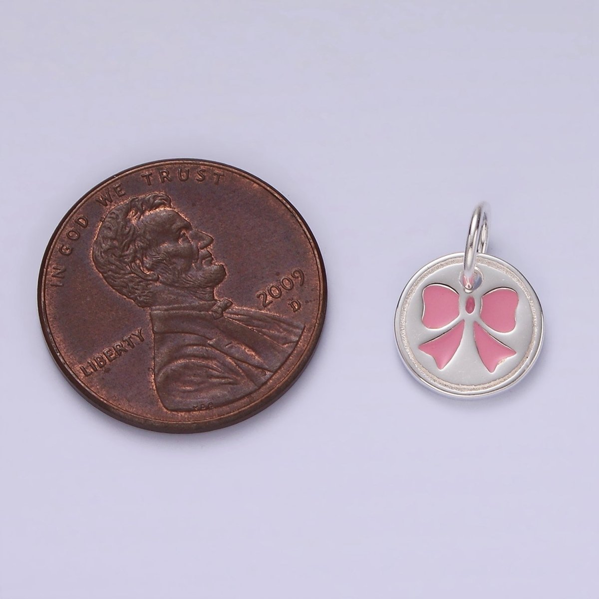S925 Sterling Silver Pink Bow Ribbon Enamel Mini Round Charm | SL-433 - DLUXCA