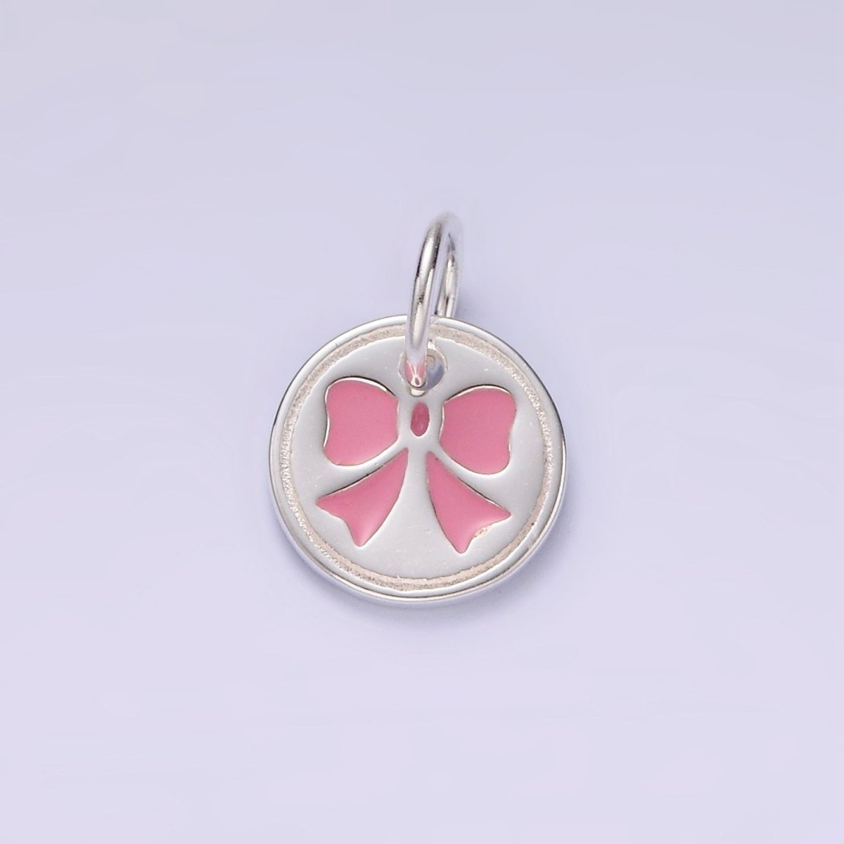 S925 Sterling Silver Pink Bow Ribbon Enamel Mini Round Charm | SL-433 - DLUXCA
