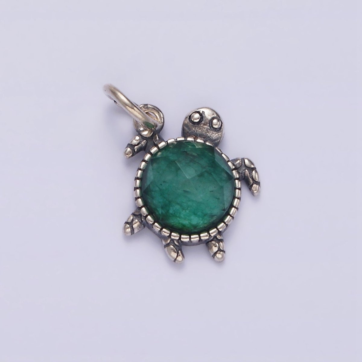 S925 Sterling Silver Round Green Multifaceted CZ Turtle Shell Animal Charm | SL-353 - DLUXCA