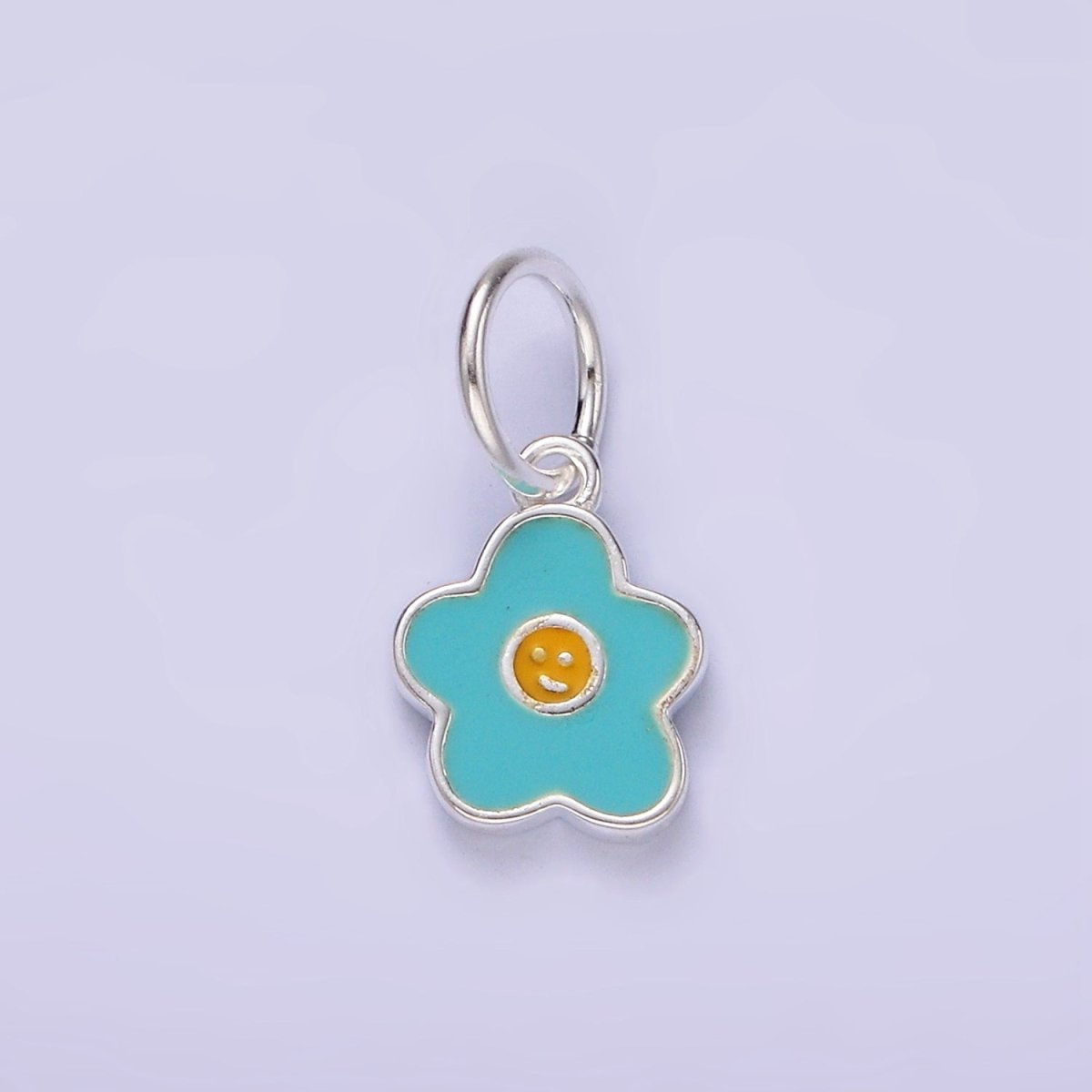 S925 Sterling Silver Smiley Face Flower Blue Enamel Charm | SL-421 - DLUXCA