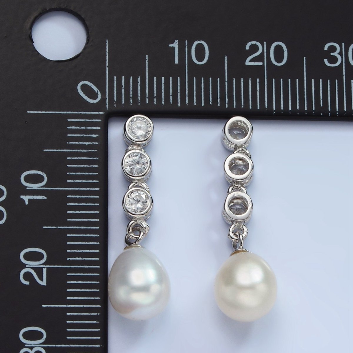 S925 Sterling Silver White Shell Pearl Drop Triple CZ Bezel Bail Pendant | SL-443 - DLUXCA