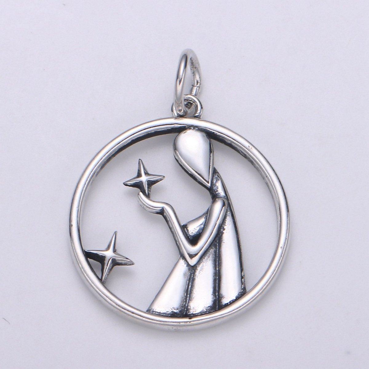 S925 Sterling Silver Zodiac Horoscope Silver Open Round Charm | A-A1833-A-A1838