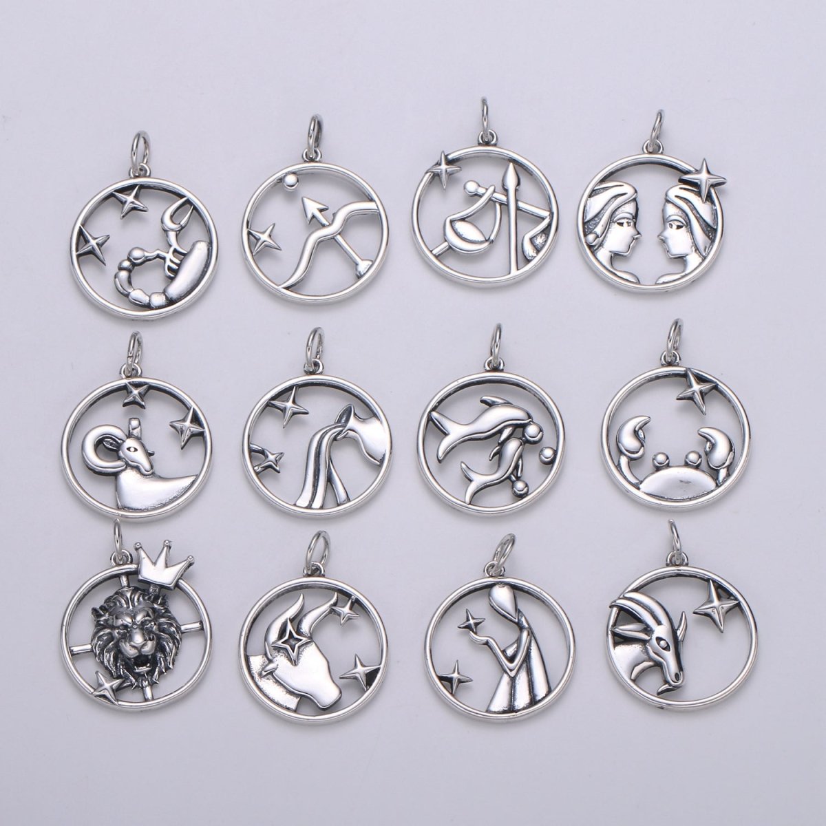 S925 Sterling Silver Zodiac Horoscope Silver Open Round Charm | A-A1833-A-A1838