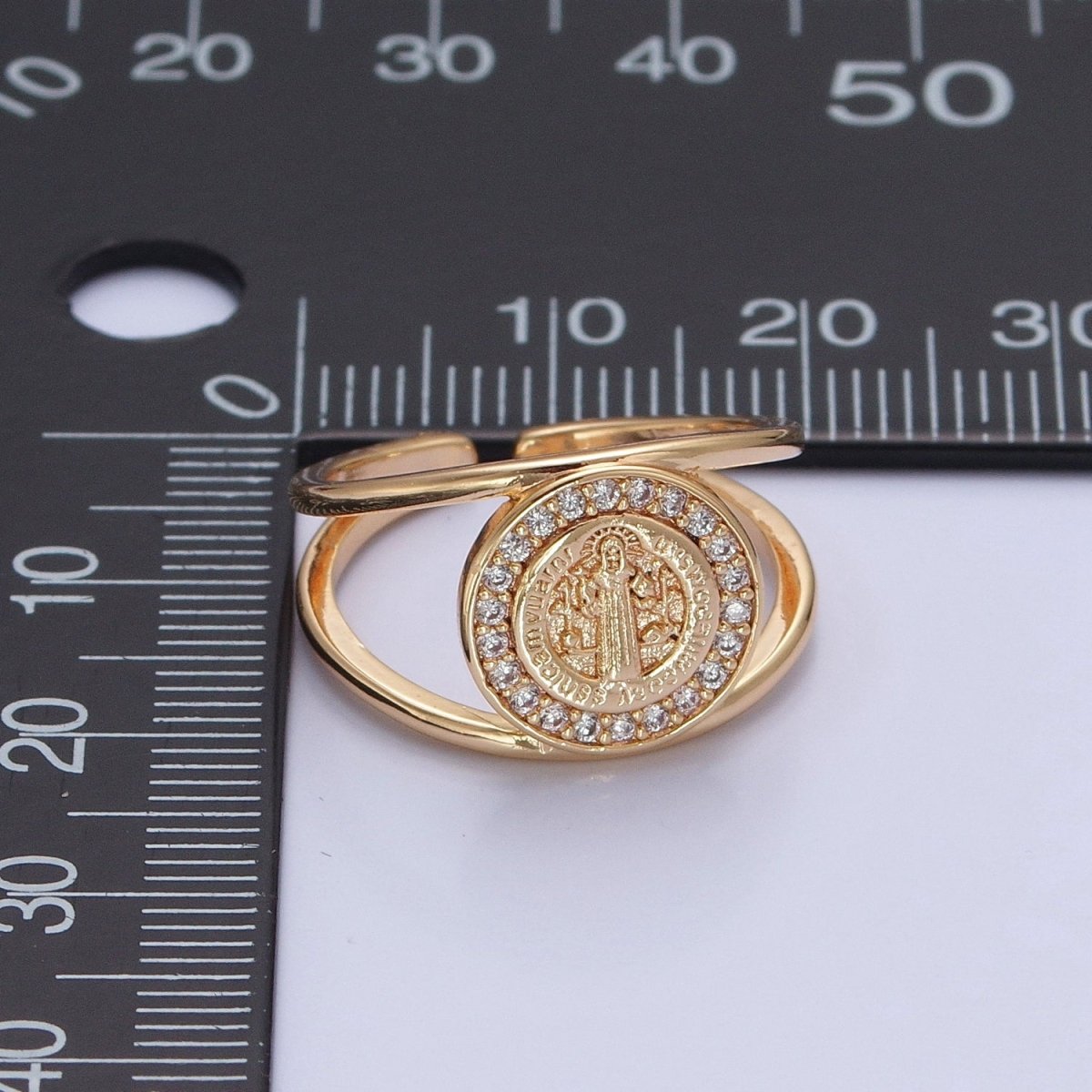 Saint Benedict Ring Gold Statement Religious Jewelry Open Adjustable Ring O-746 - DLUXCA