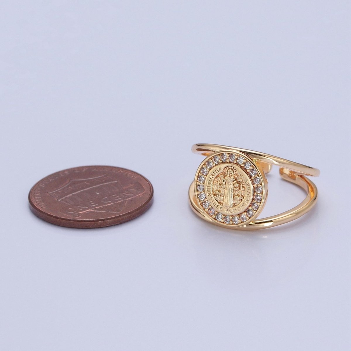 Saint Benedict Ring Gold Statement Religious Jewelry Open Adjustable Ring O-746 - DLUXCA