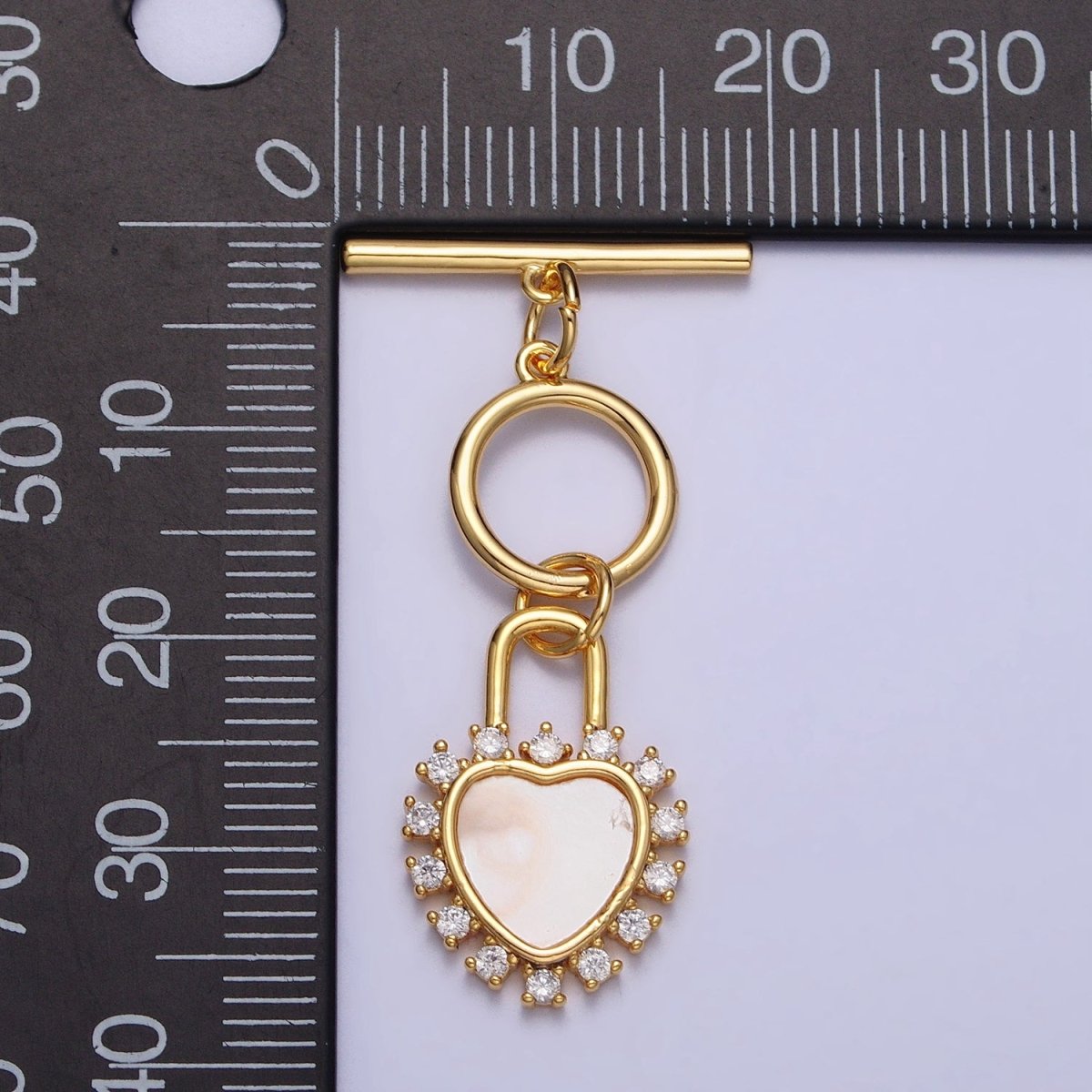 Shell Pearl Clear CZ Heart Padlock Dangle Toggle Clasps Jewelry Closure Supply in Silver & Gold | Z-066 Z-067