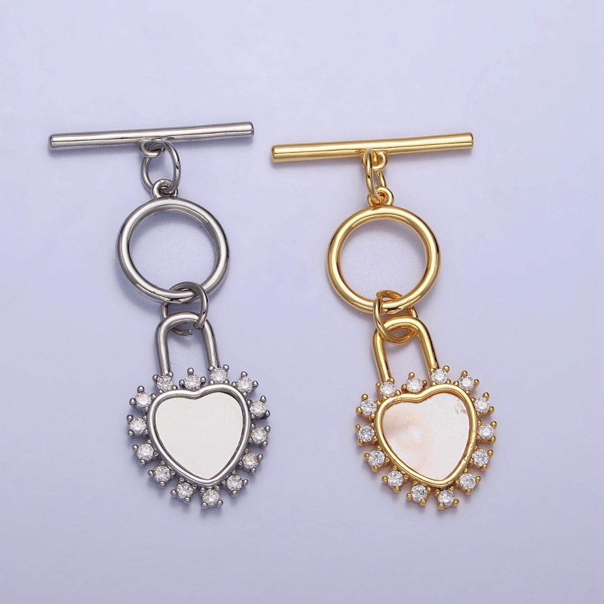 Shell Pearl Clear CZ Heart Padlock Dangle Toggle Clasps Jewelry Closure Supply in Silver & Gold | Z-066 Z-067