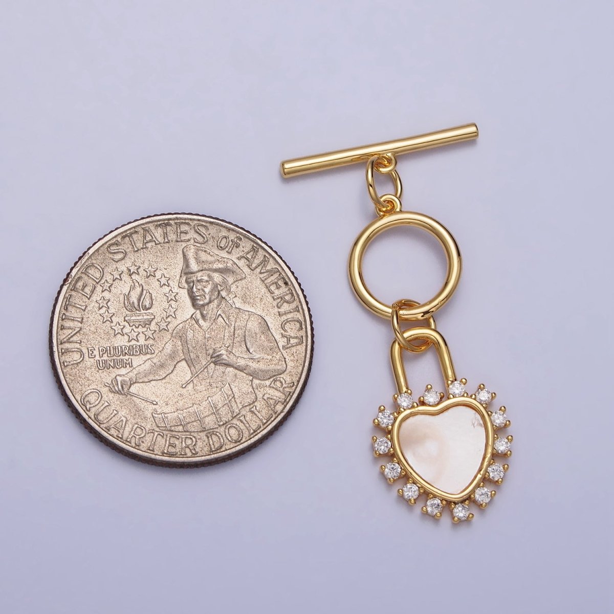 Shell Pearl Clear CZ Heart Padlock Dangle Toggle Clasps Jewelry Closure Supply in Silver & Gold | Z-066 Z-067