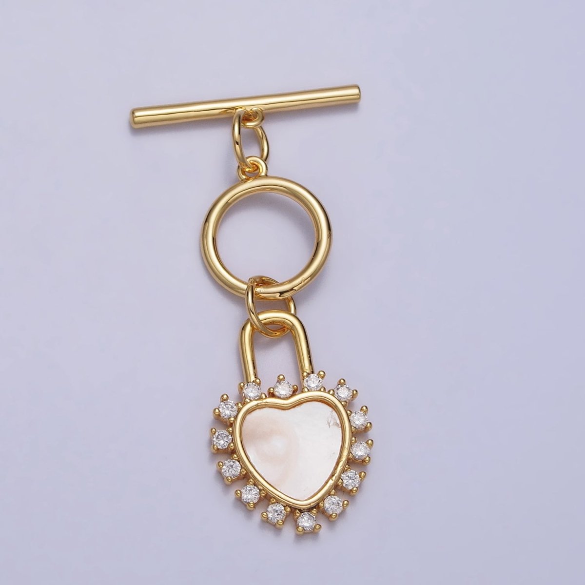 Shell Pearl Clear CZ Heart Padlock Dangle Toggle Clasps Jewelry Closure Supply in Silver & Gold | Z-066 Z-067