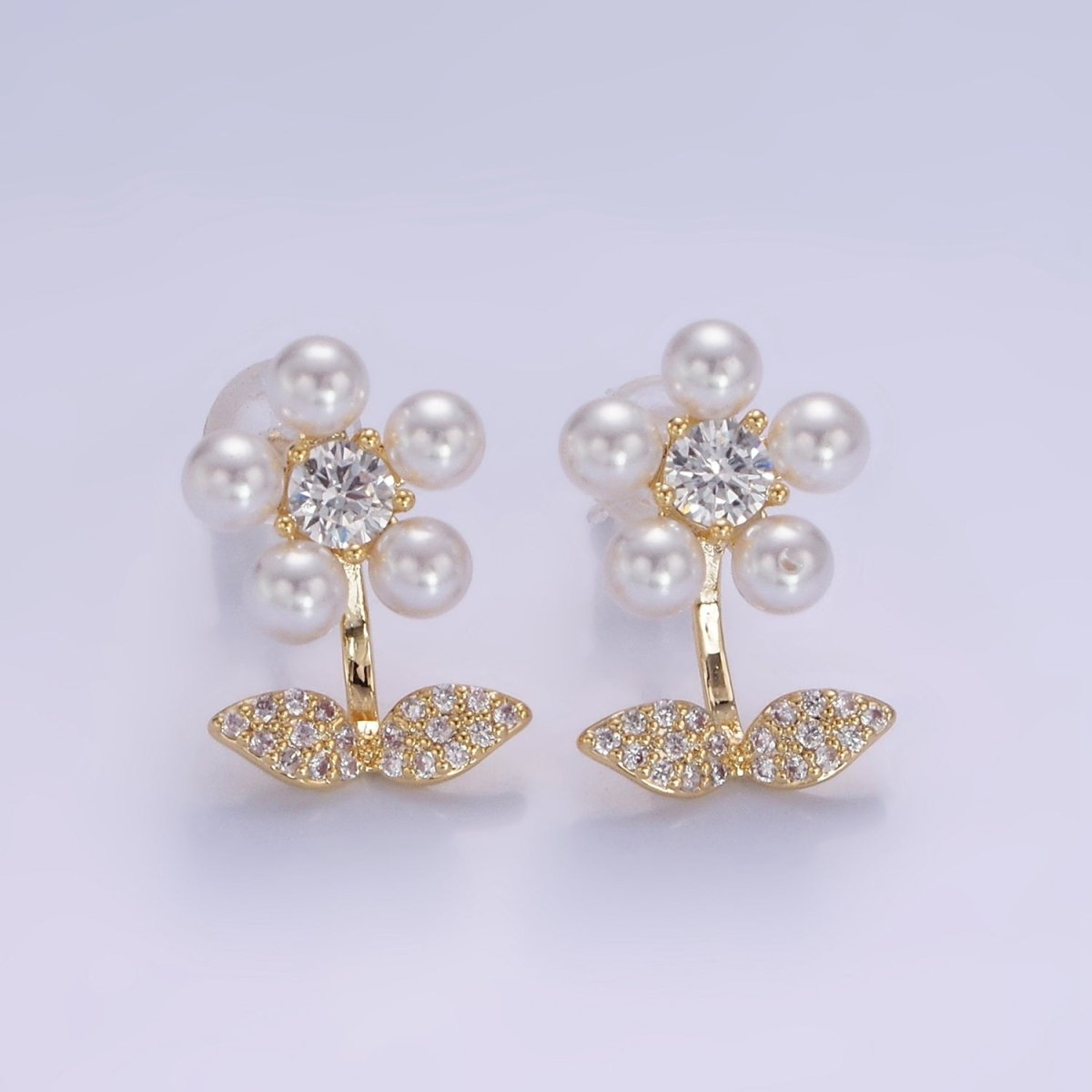 Shell Pearl Flower Micro Paved CZ Leaf Nature Stud Earrings in Gold & Silver | V504 V505