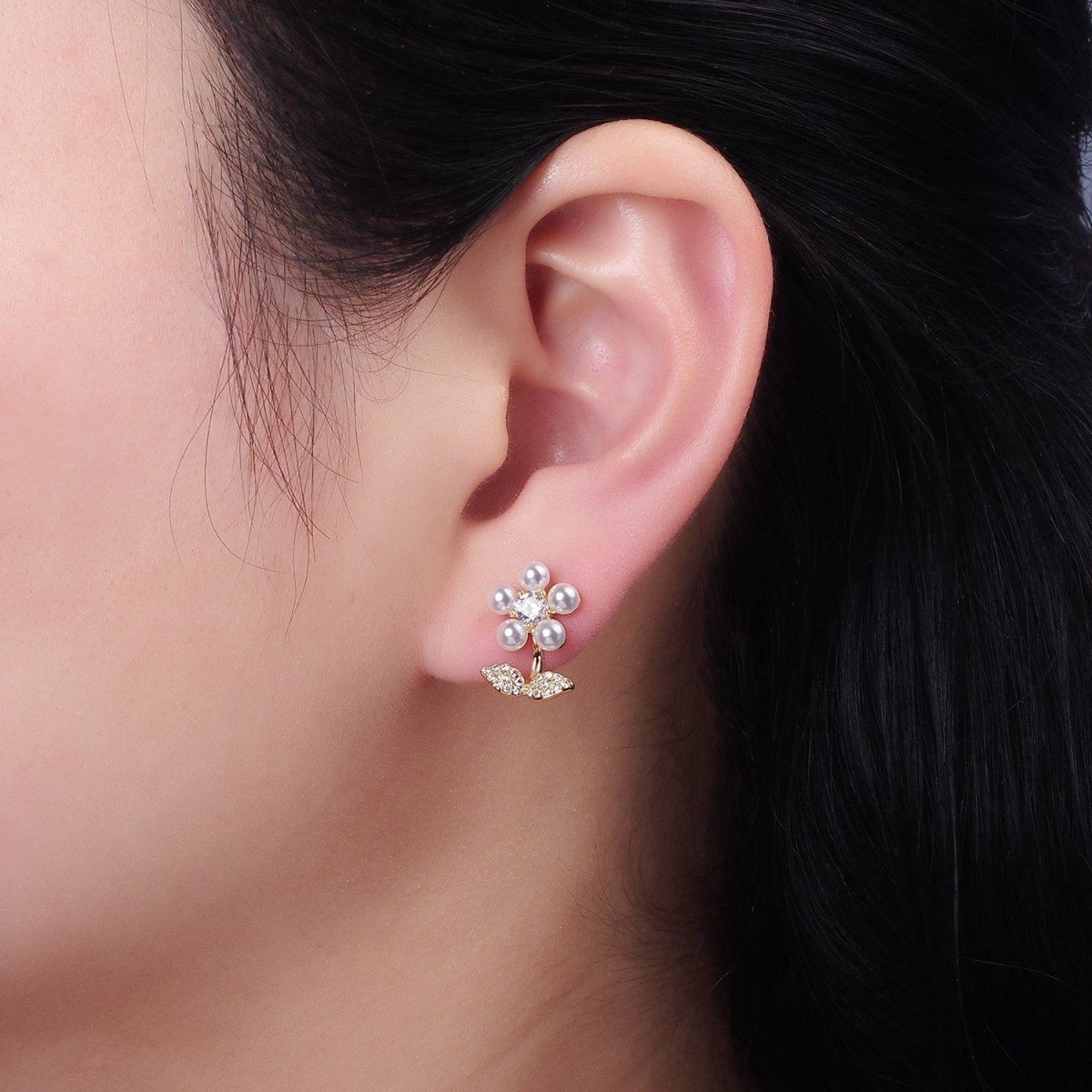 Shell Pearl Flower Micro Paved CZ Leaf Nature Stud Earrings in Gold & Silver | V504 V505