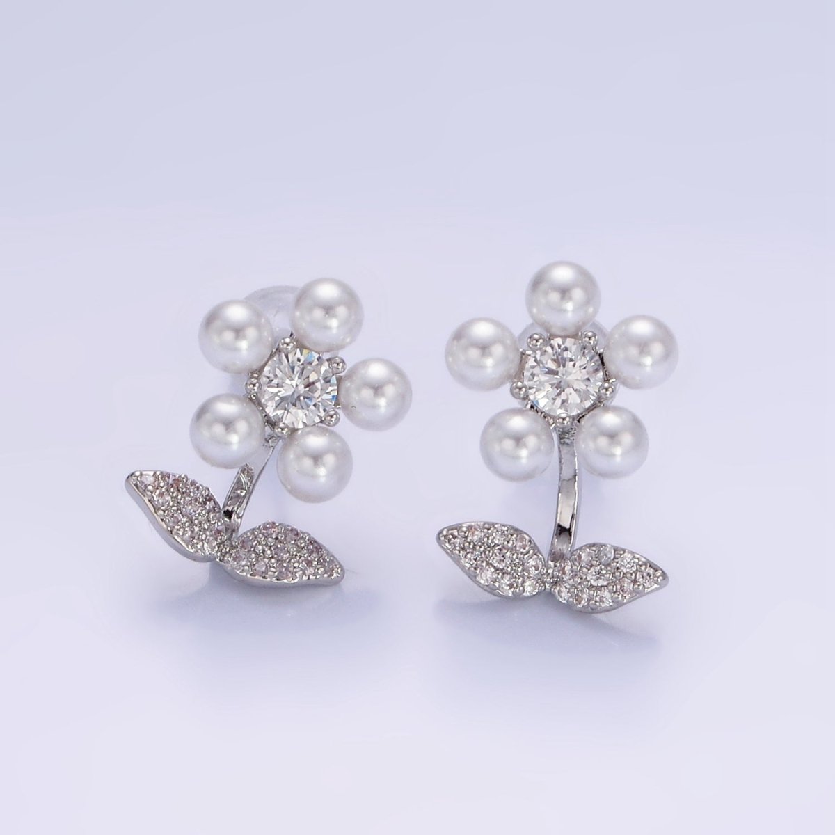 Shell Pearl Flower Micro Paved CZ Leaf Nature Stud Earrings in Gold & Silver | V504 V505