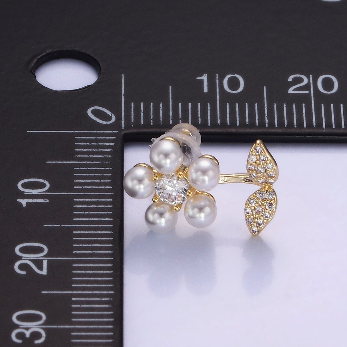 Shell Pearl Flower Micro Paved CZ Leaf Nature Stud Earrings in Gold & Silver | V504 V505