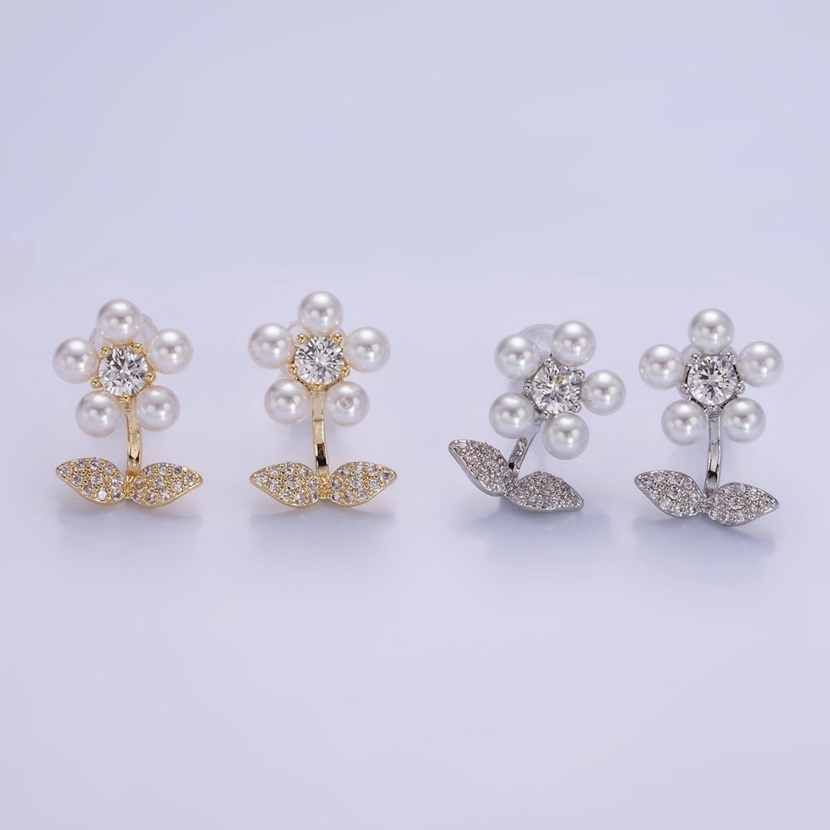 Shell Pearl Flower Micro Paved CZ Leaf Nature Stud Earrings in Gold & Silver | V504 V505