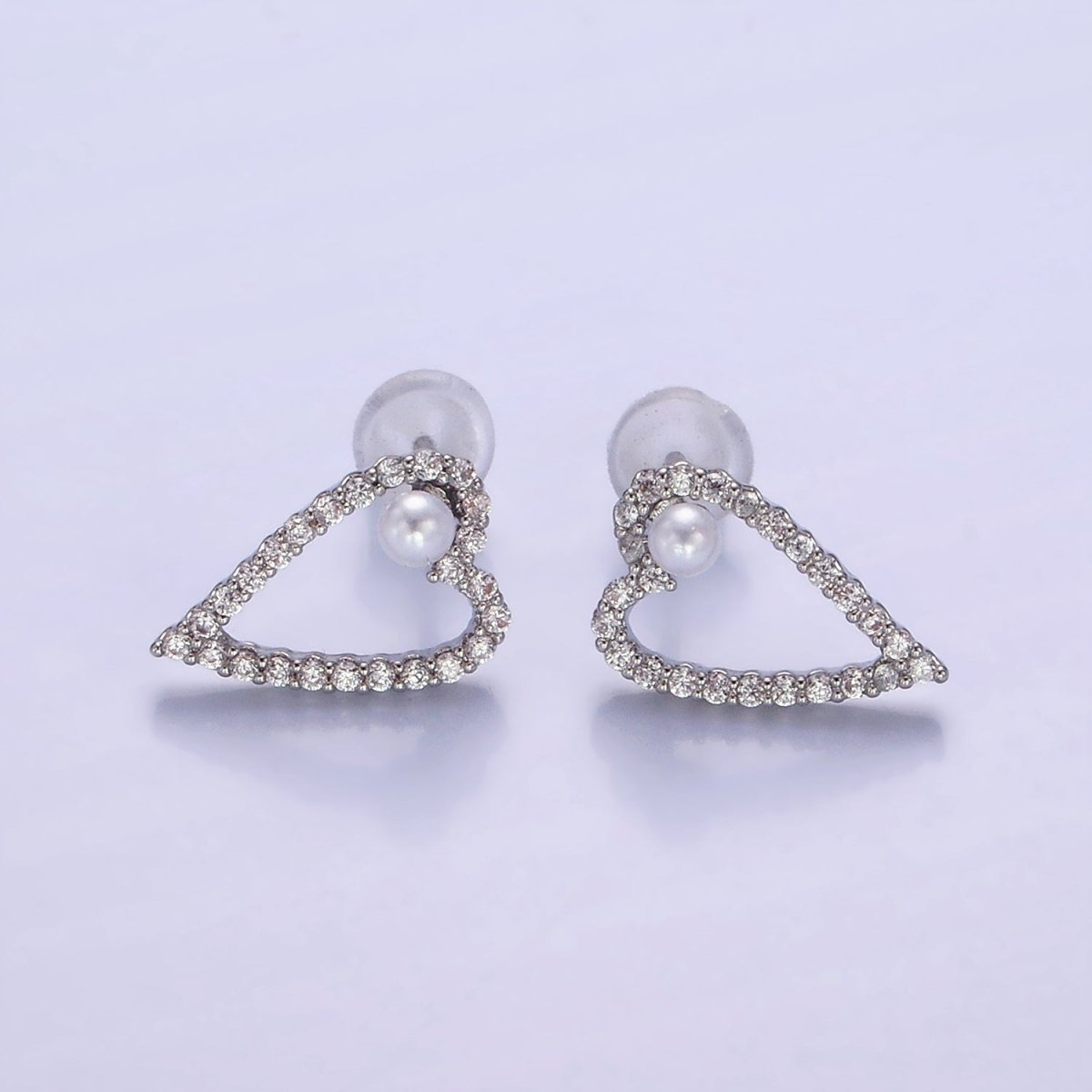 Shell Pearl Open Micro Paved CZ Heart Stud Earrings in Gold & Silver | V516 V517