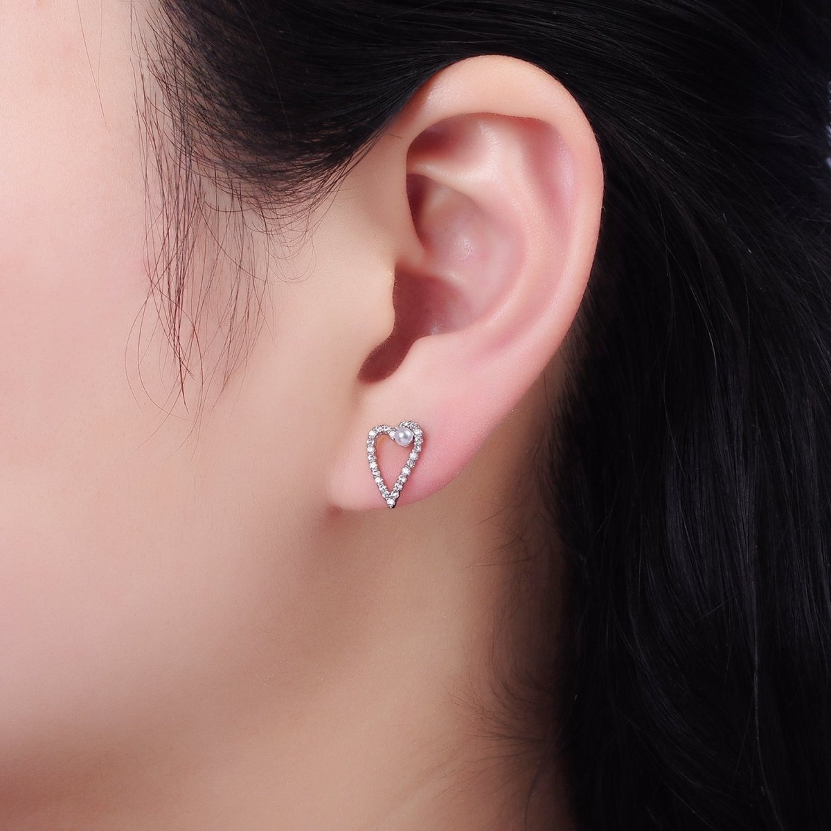 Shell Pearl Open Micro Paved CZ Heart Stud Earrings in Gold & Silver | V516 V517