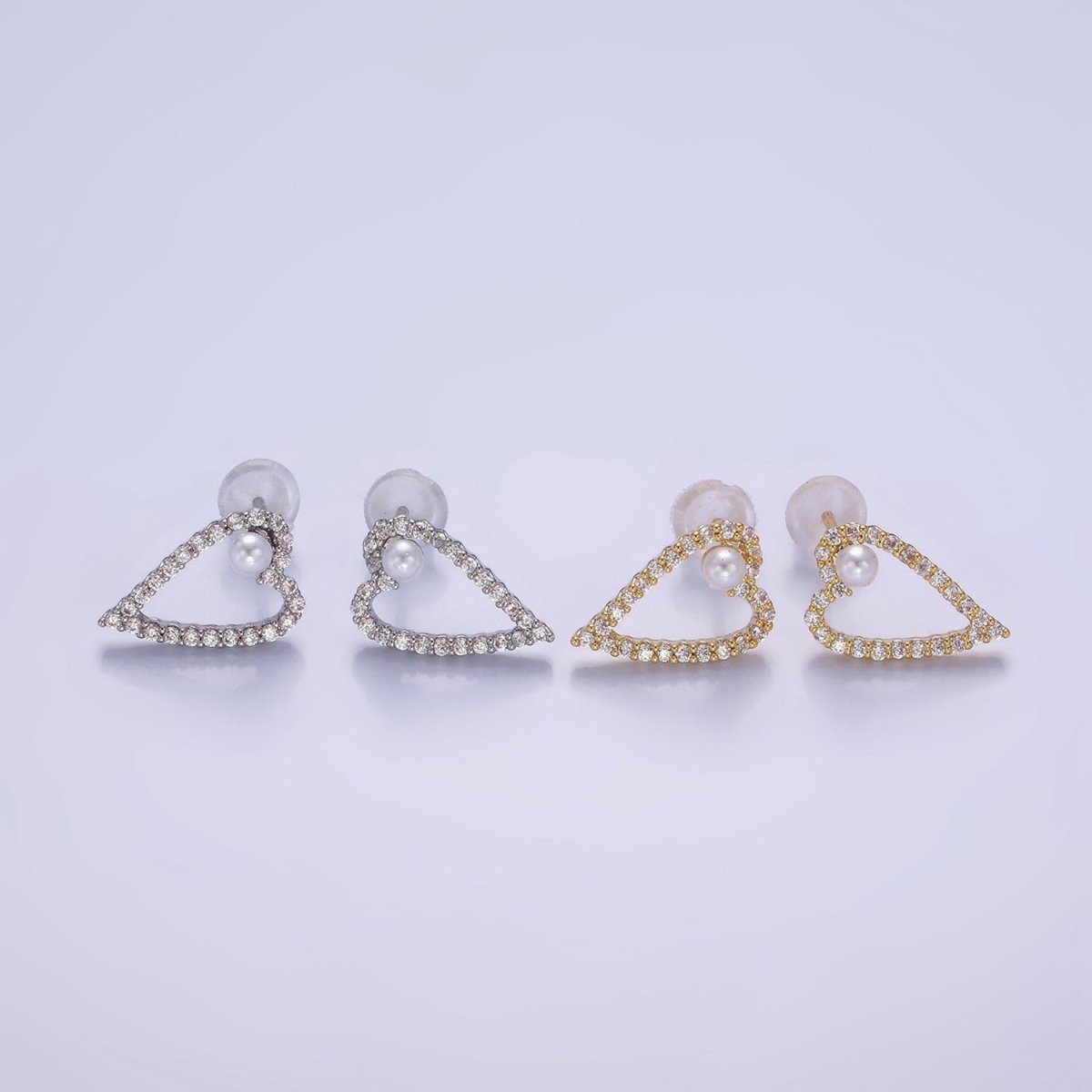 Shell Pearl Open Micro Paved CZ Heart Stud Earrings in Gold & Silver | V516 V517