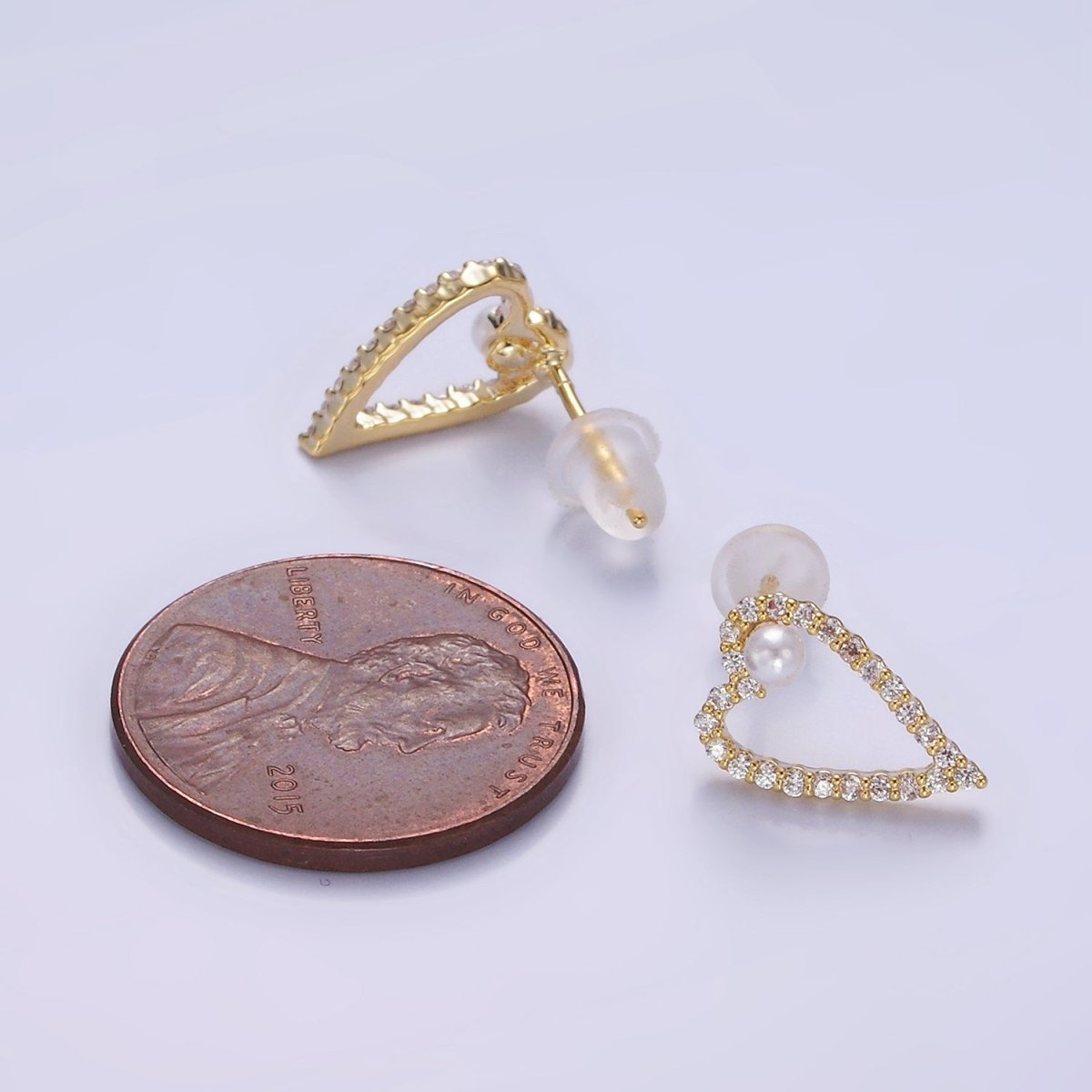 Shell Pearl Open Micro Paved CZ Heart Stud Earrings in Gold & Silver | V516 V517