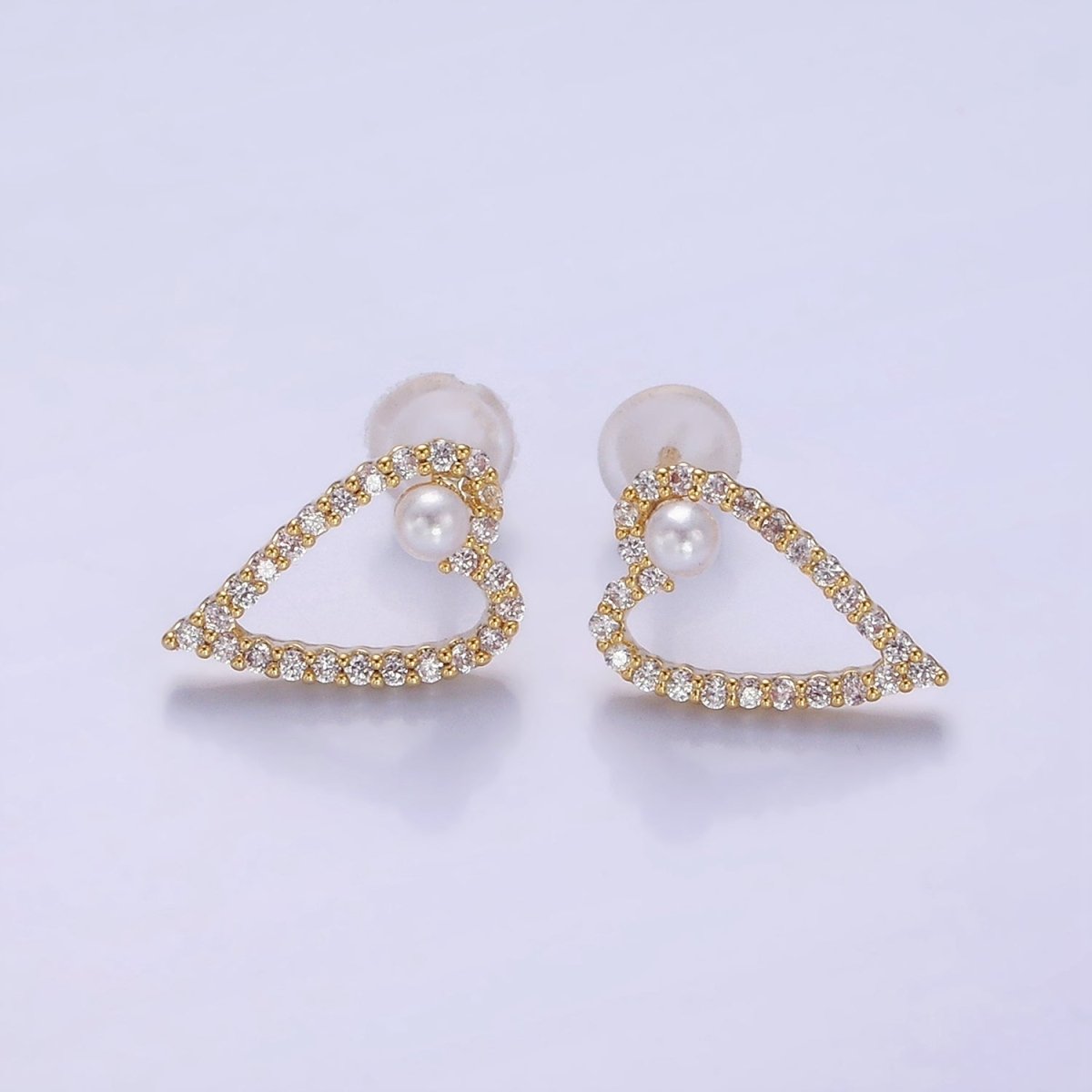 Shell Pearl Open Micro Paved CZ Heart Stud Earrings in Gold & Silver | V516 V517