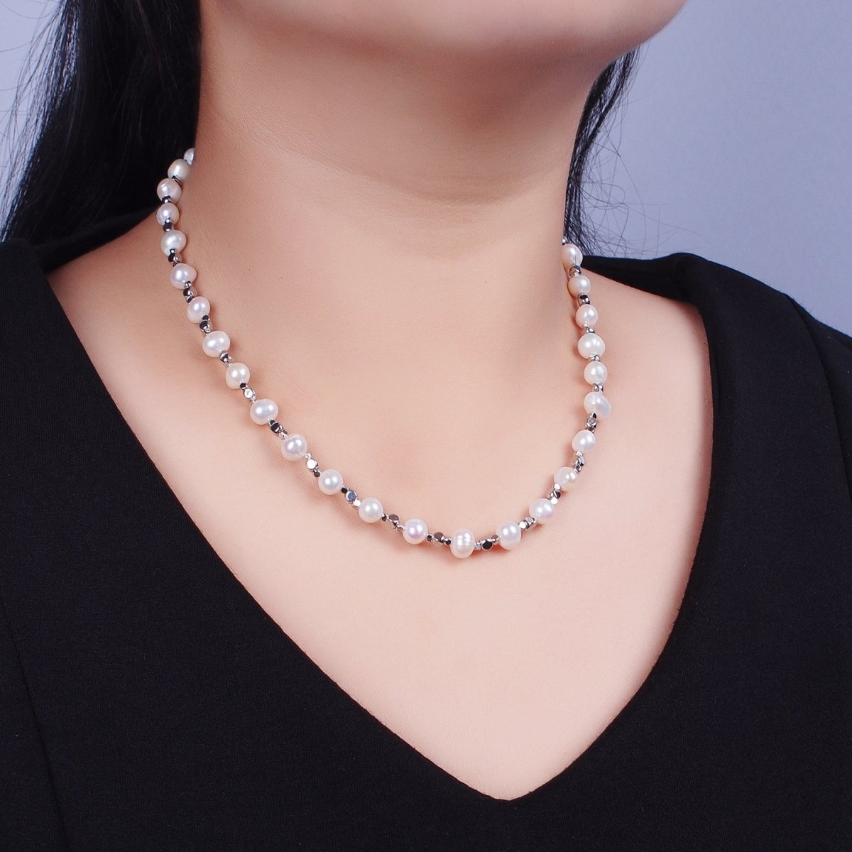 Shell Pearl Silver Cube Spacer Bead 16.5 Inch Necklace | WA-1360 Clearance Pricing