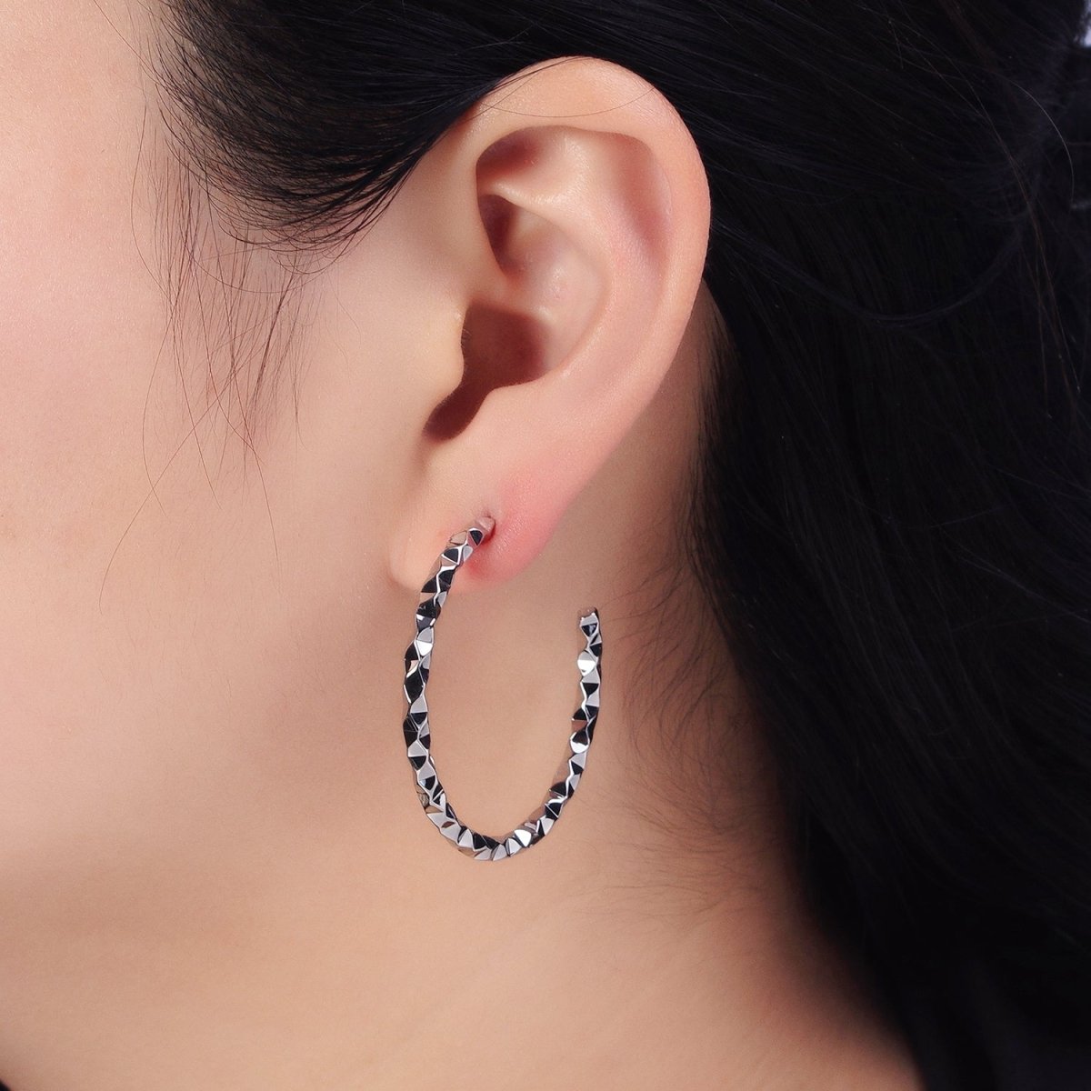 Silver 25mm, 40mm Hammered Geometric C-Shaped Hoop Earrings | AB402 AB401