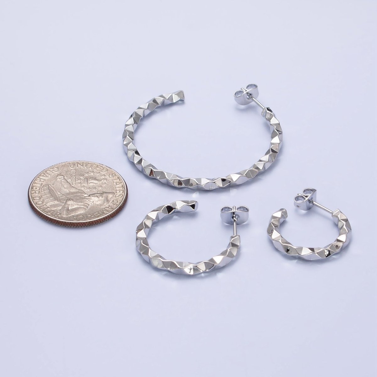 Silver 25mm, 40mm Hammered Geometric C-Shaped Hoop Earrings | AB402 AB401