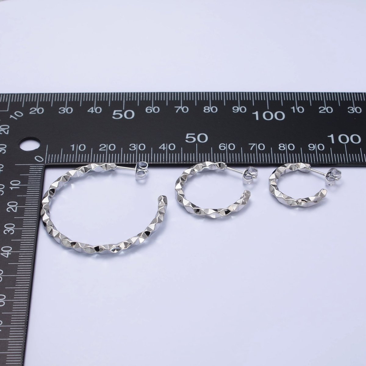 Silver 25mm, 40mm Hammered Geometric C-Shaped Hoop Earrings | AB402 AB401