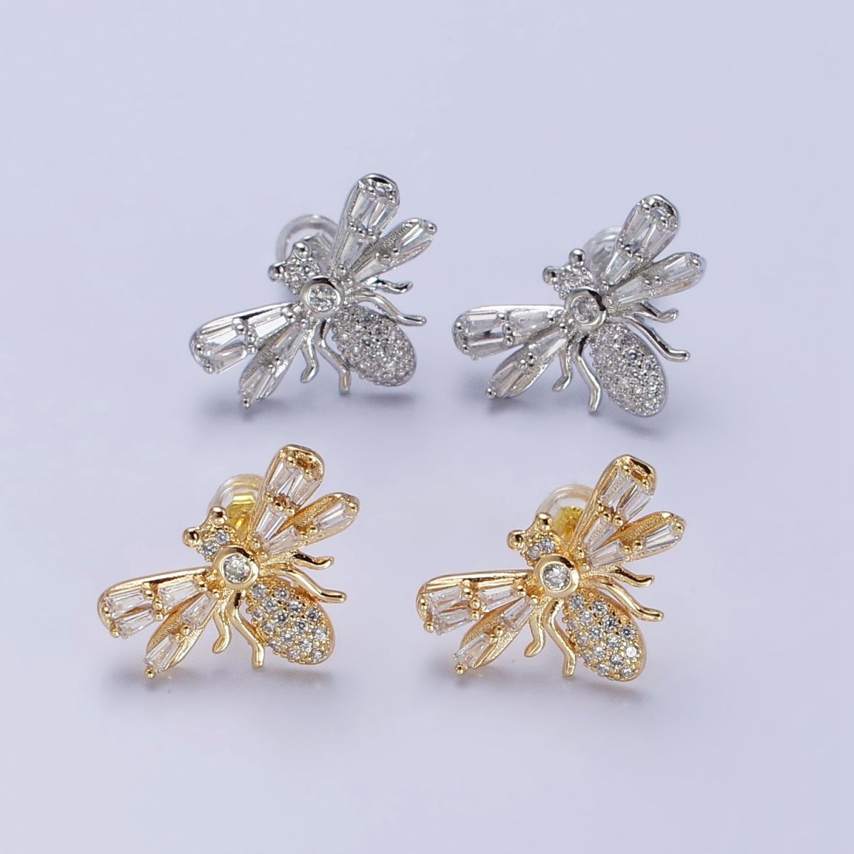 Silver Bee Gold Insect Bee Clear Baguette Micro Paved CZ Stud Earrings | AB376 AB504