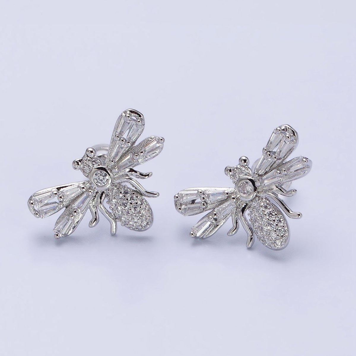 Silver Bee Gold Insect Bee Clear Baguette Micro Paved CZ Stud Earrings | AB376 AB504