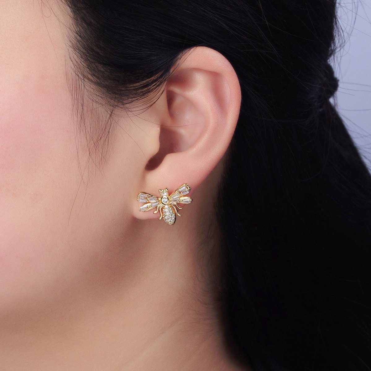 Silver Bee Gold Insect Bee Clear Baguette Micro Paved CZ Stud Earrings | AB376 AB504