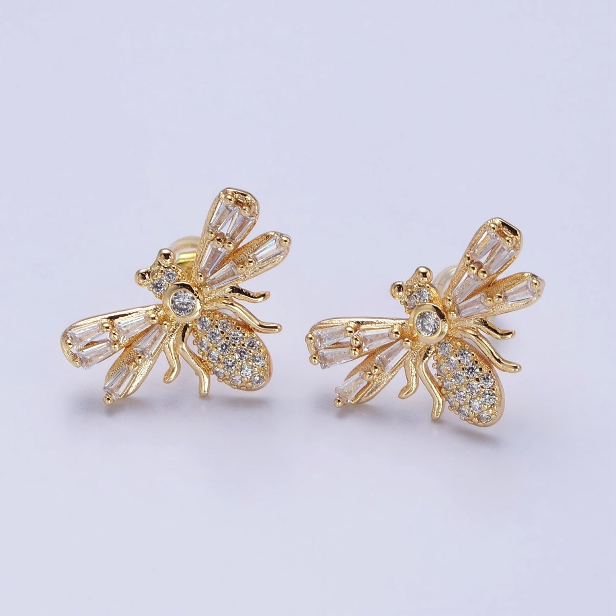 Silver Bee Gold Insect Bee Clear Baguette Micro Paved CZ Stud Earrings | AB376 AB504