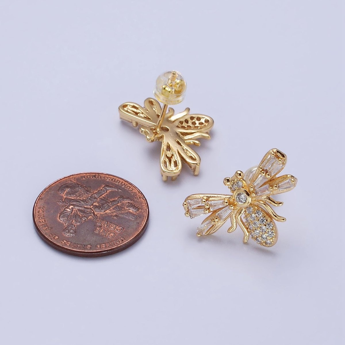 Silver Bee Gold Insect Bee Clear Baguette Micro Paved CZ Stud Earrings | AB376 AB504