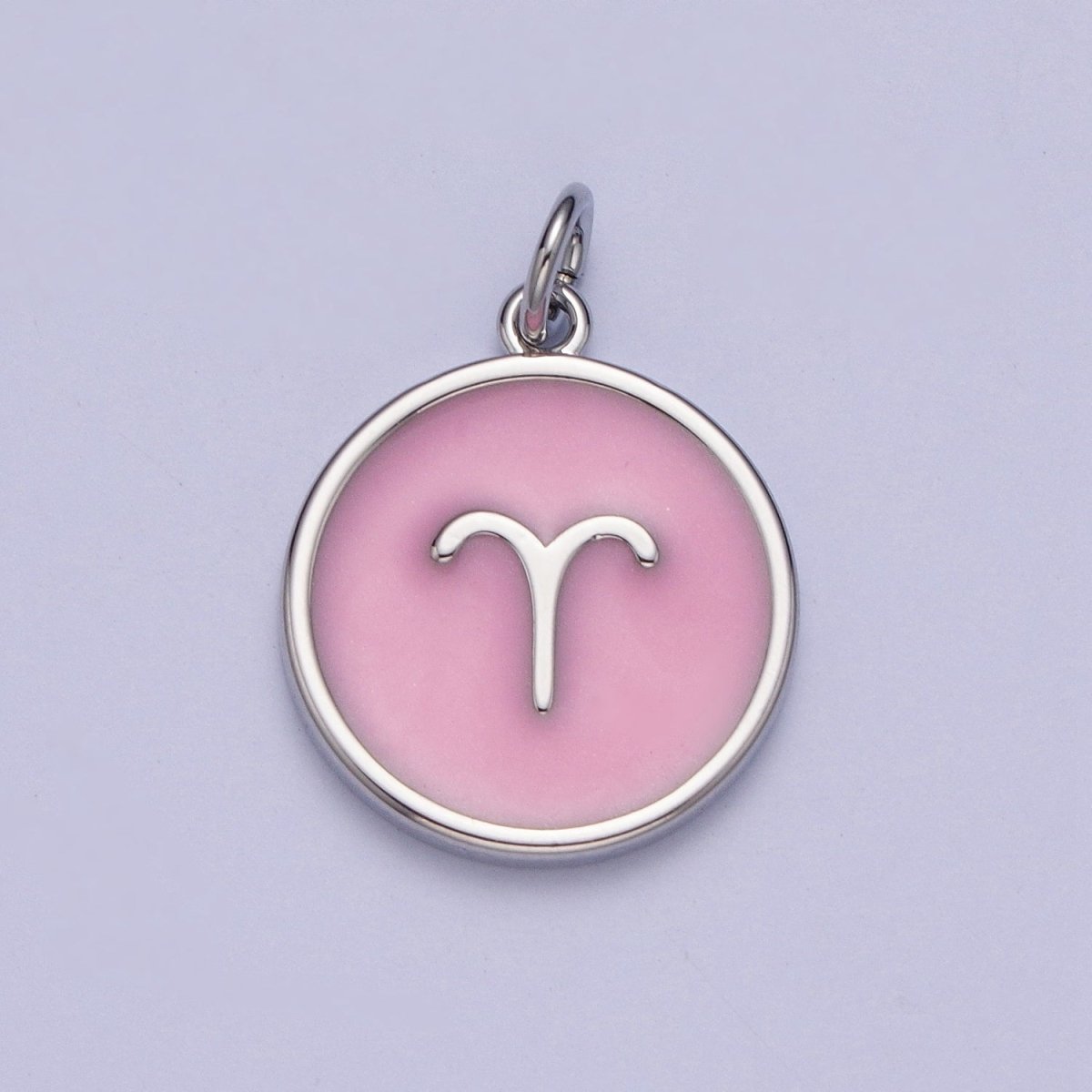 Silver Charm Enamel Pink Zodiac Sign Charms, Horoscope Symbol Birthday Disc pendant Astrology sign A-A1463-A-A1468