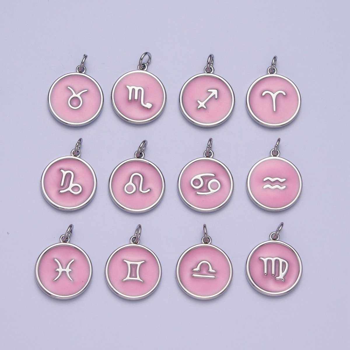 Silver Charm Enamel Pink Zodiac Sign Charms, Horoscope Symbol Birthday Disc pendant Astrology sign A-A1463-A-A1468