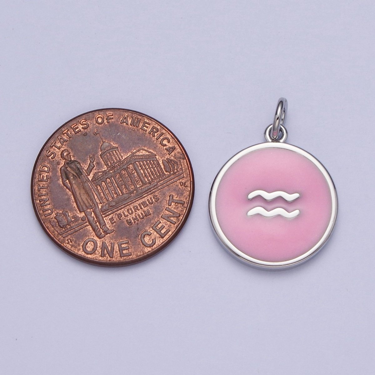 Silver Charm Enamel Pink Zodiac Sign Charms, Horoscope Symbol Birthday Disc pendant Astrology sign A-A1463-A-A1468