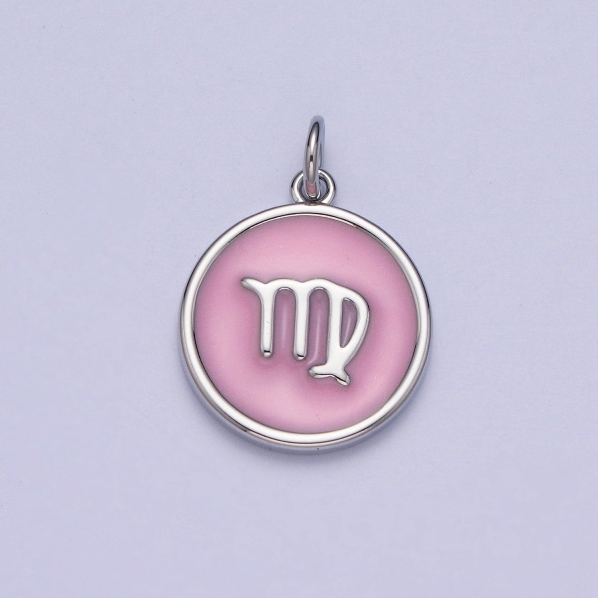 Silver Charm Enamel Pink Zodiac Sign Charms, Horoscope Symbol Birthday Disc pendant Astrology sign A-A1463-A-A1468
