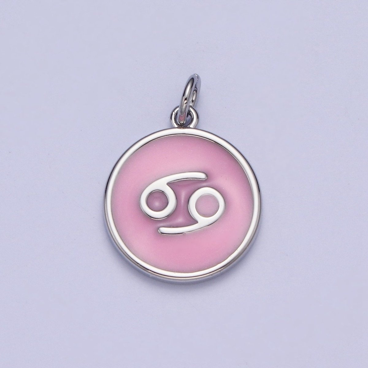 Silver Charm Enamel Pink Zodiac Sign Charms, Horoscope Symbol Birthday Disc pendant Astrology sign A-A1463-A-A1468