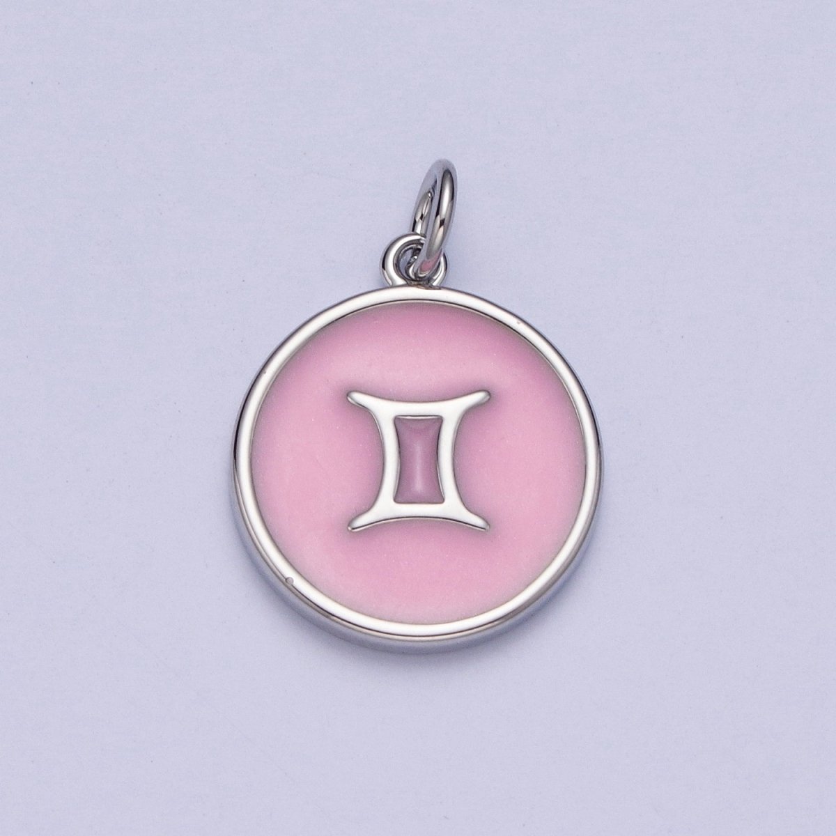 Silver Charm Enamel Pink Zodiac Sign Charms, Horoscope Symbol Birthday Disc pendant Astrology sign A-A1463-A-A1468