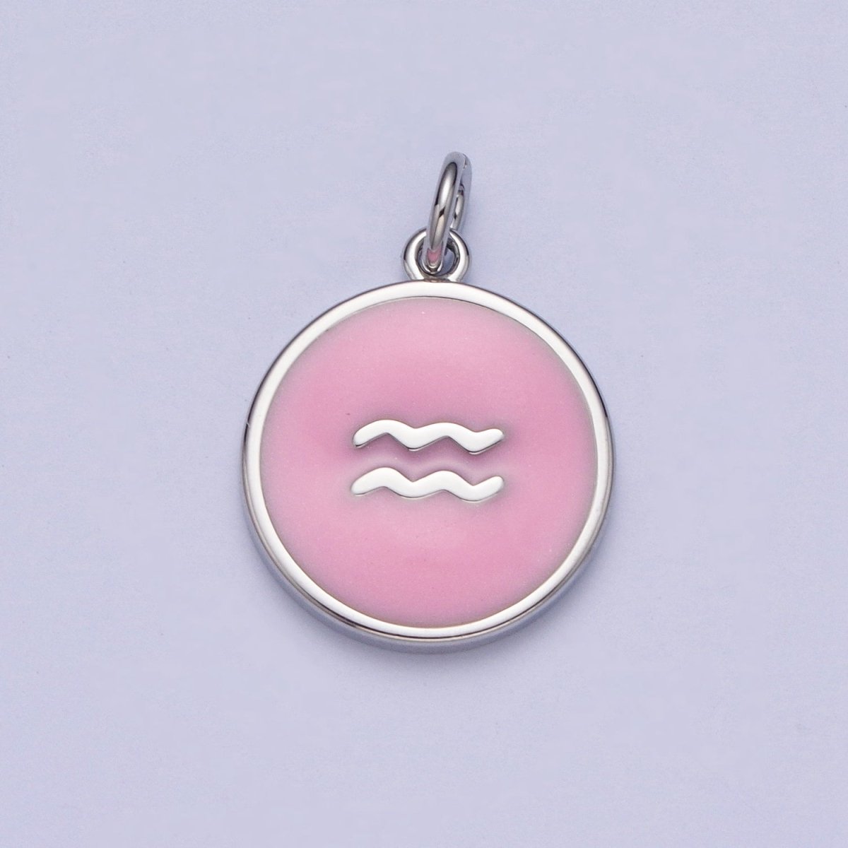 Silver Charm Enamel Pink Zodiac Sign Charms, Horoscope Symbol Birthday Disc pendant Astrology sign A-A1463-A-A1468